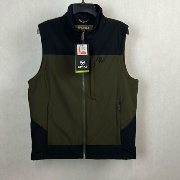 NEW Ariat Mens Pioneer Stretchshell Vest Sz Medium Dark Green Black Full Zip - Picture 1 of 13